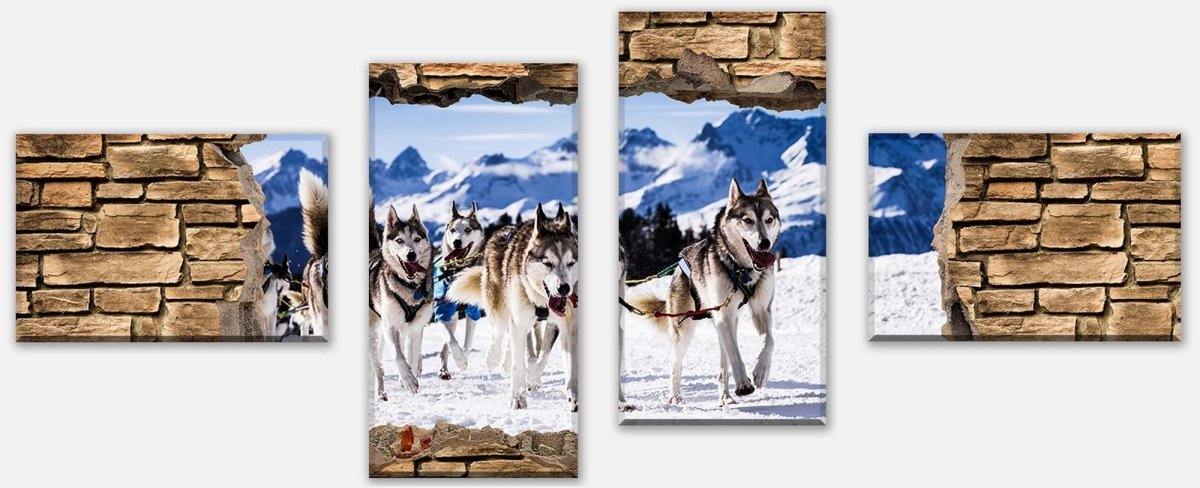 Leinwandbild Mehrteiler 3D Schlittenhunde Racing - Steinmauer M0671 Leinwandbild Mehrteiler 3D Schlittenhunde Racing - Steinmauer M0671