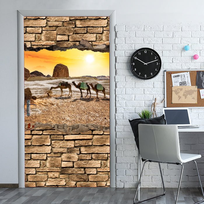 Türtapete 3D Kamele in der Wüste - Steinmauer M0673 - Bild 1