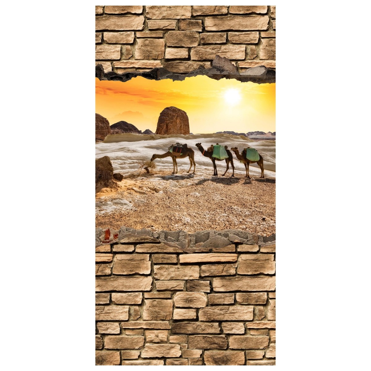 Türtapete 3D Kamele in der Wüste - Steinmauer M0673 - Bild 2