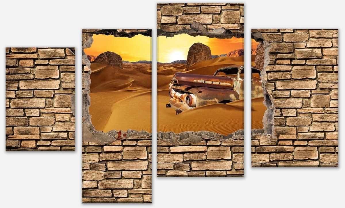 Leinwandbild Mehrteiler 3D Altes Auto in der Wüste -Steinmauer M0674 Leinwandbild Mehrteiler 3D Altes Auto in der Wüste -Steinmauer M0674