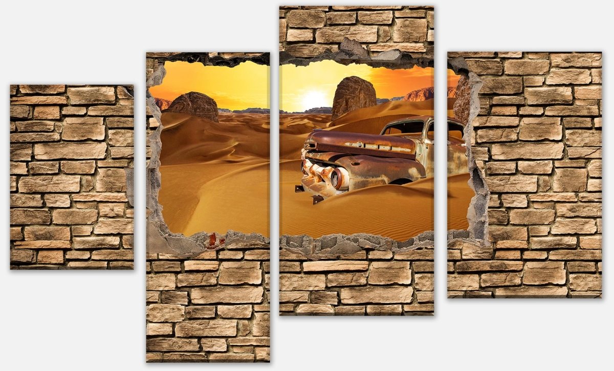 Leinwandbild Mehrteiler 3D Altes Auto in der Wüste -Steinmauer M0674