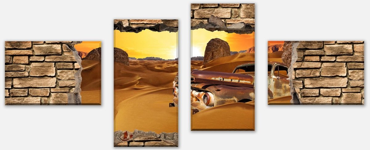 Leinwandbild Mehrteiler 3D Altes Auto in der Wüste -Steinmauer M0674 Leinwandbild Mehrteiler 3D Altes Auto in der Wüste -Steinmauer M0674