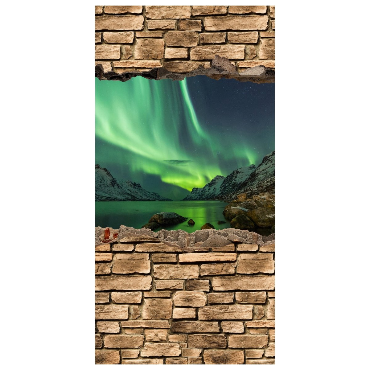 Türtapete 3D Optik - Aurora Borealis Tromsö - Steinmauer M0675 - Bild 2