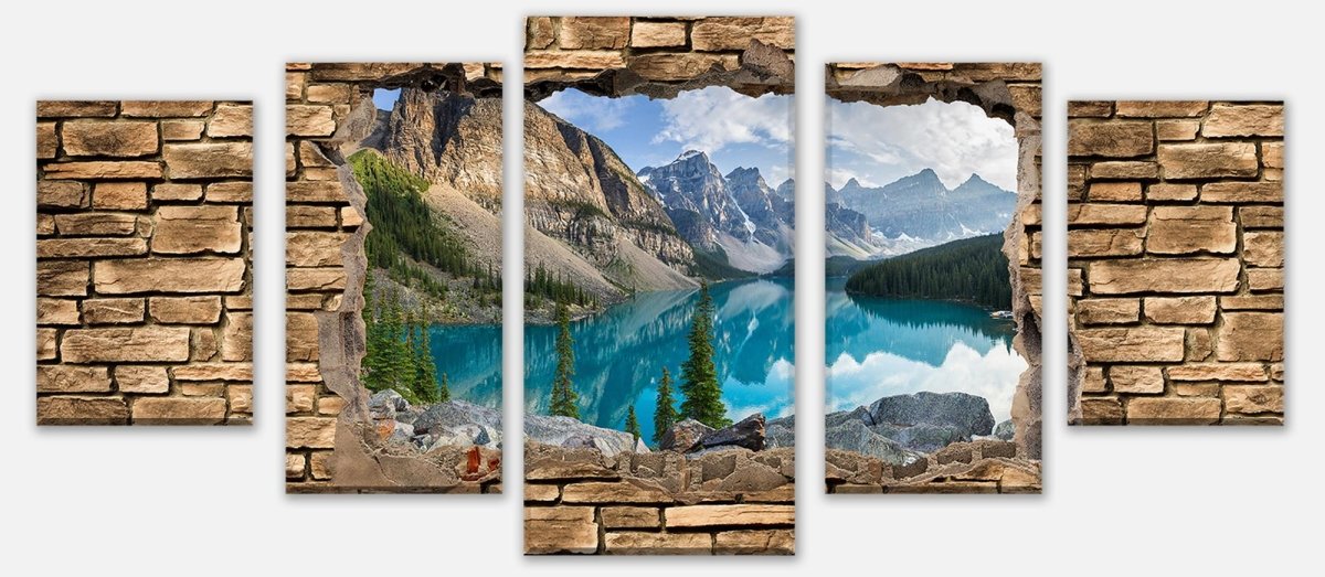 Leinwandbild Mehrteiler 3D Moraine lake rocky mountain panorama - Steinmauer M0676 entdecken - Bild 1