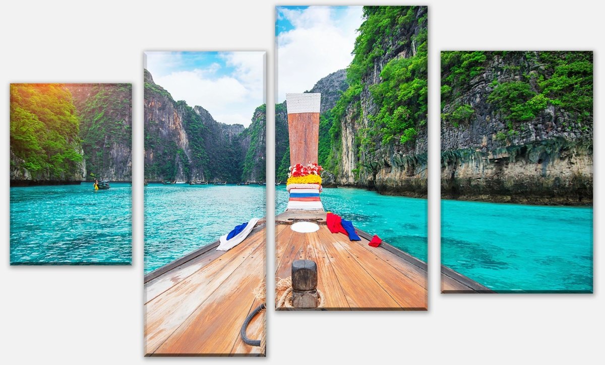 Leinwandbild Mehrteiler Langes Boot und blaues Wasser in der Bucht von Maya M0799 Leinwandbild Mehrteiler Langes Boot und blaues Wasser in der Bucht von Maya M0799