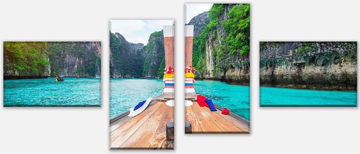 Leinwandbild Mehrteiler Langes Boot und blaues Wasser in der Bucht von Maya M0799 Leinwandbild Mehrteiler Langes Boot und blaues Wasser in der Bucht von Maya M0799