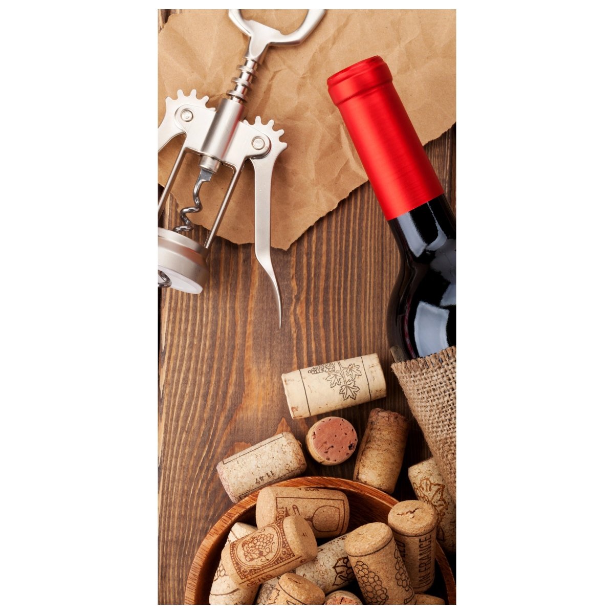 Türtapete Rotweinflasche, Schüssel mit Korken und Korkenzieher M0832 - Bild 2