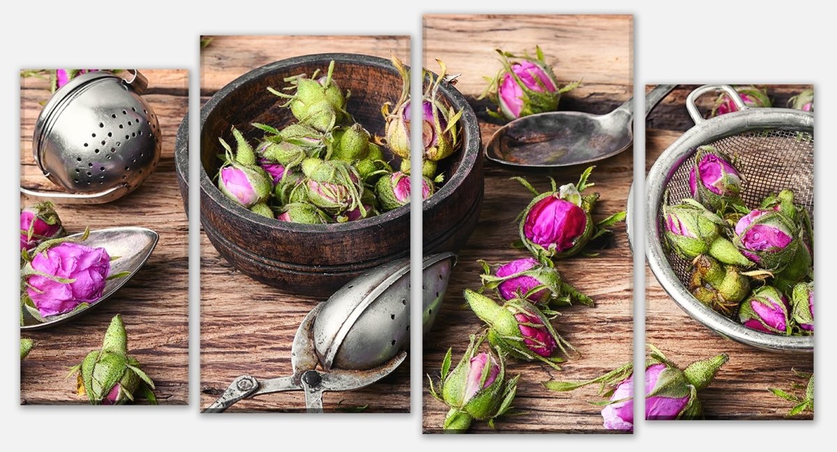 Leinwandbild Mehrteiler Teesieb und Rosenknospen M0851 Leinwandbild Mehrteiler Teesieb und Rosenknospen M0851