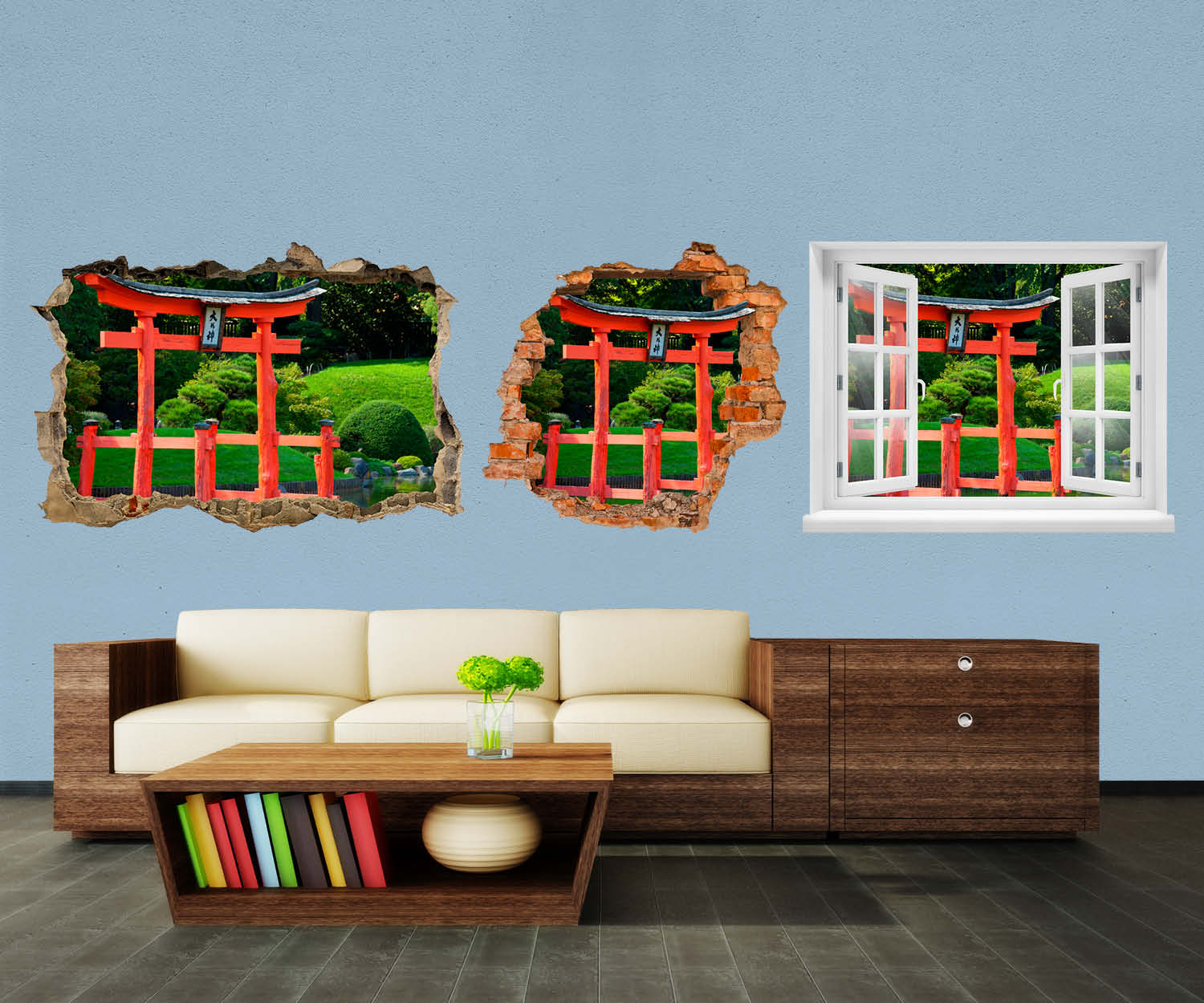 3D-Wandtattoo Garten und Teich mit einem roten Zen-Turm entdecken - Wandsticker M0950 - Bild 1