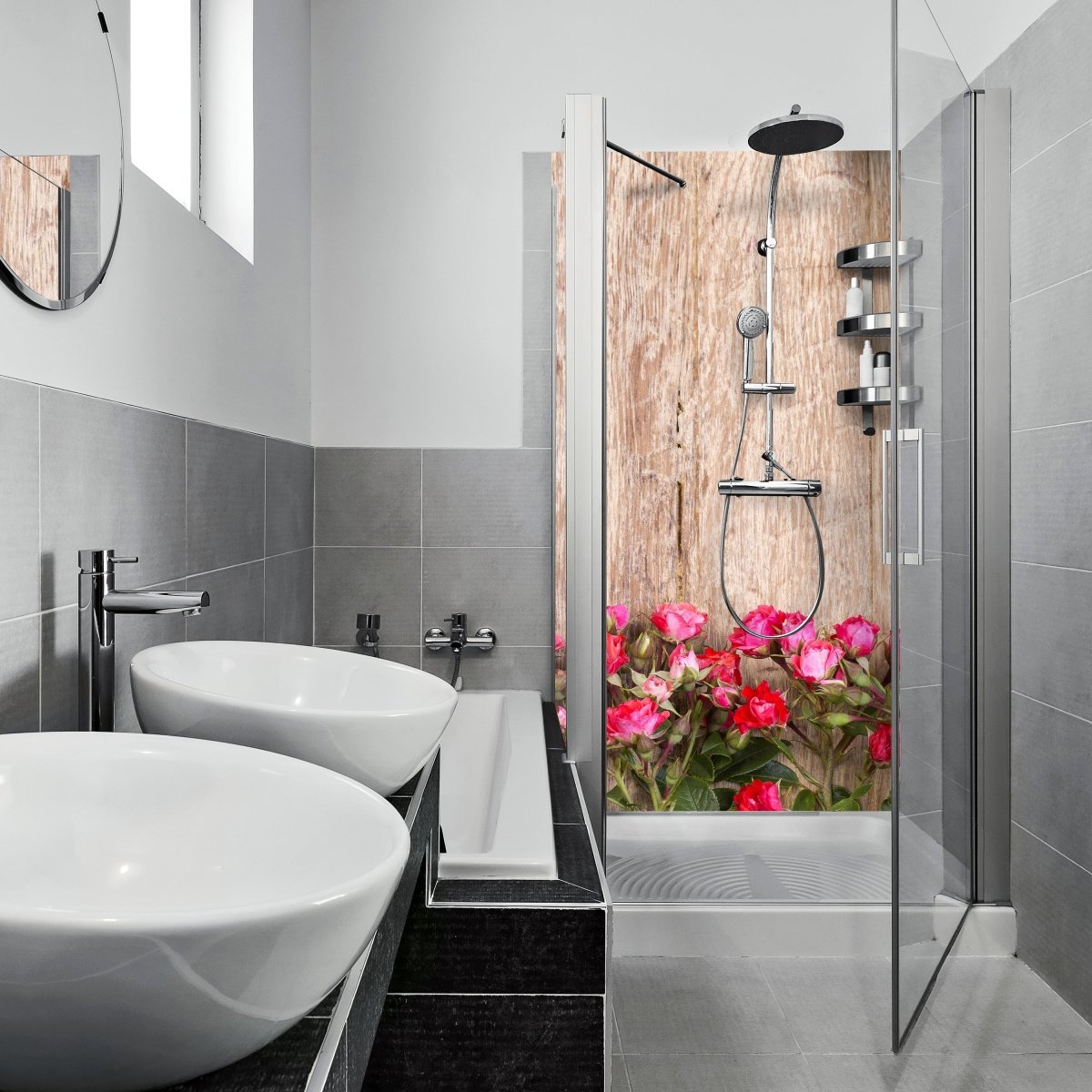 Duschwand Rote Rosen auf Holzbrett M1025 entdecken - Bild 1 Duschwand Rote Rosen auf Holzbrett M1025 entdecken - Bild 1