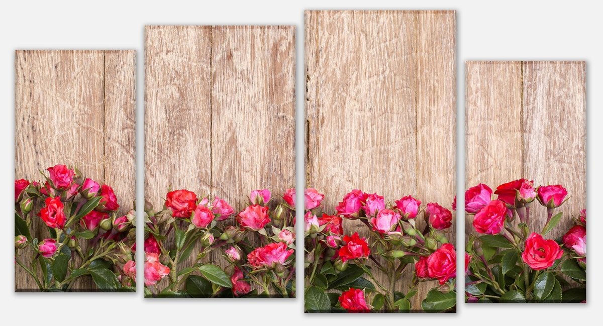 Leinwandbild Mehrteiler Rote Rosen auf Holzbrett M1025 Leinwandbild Mehrteiler Rote Rosen auf Holzbrett M1025