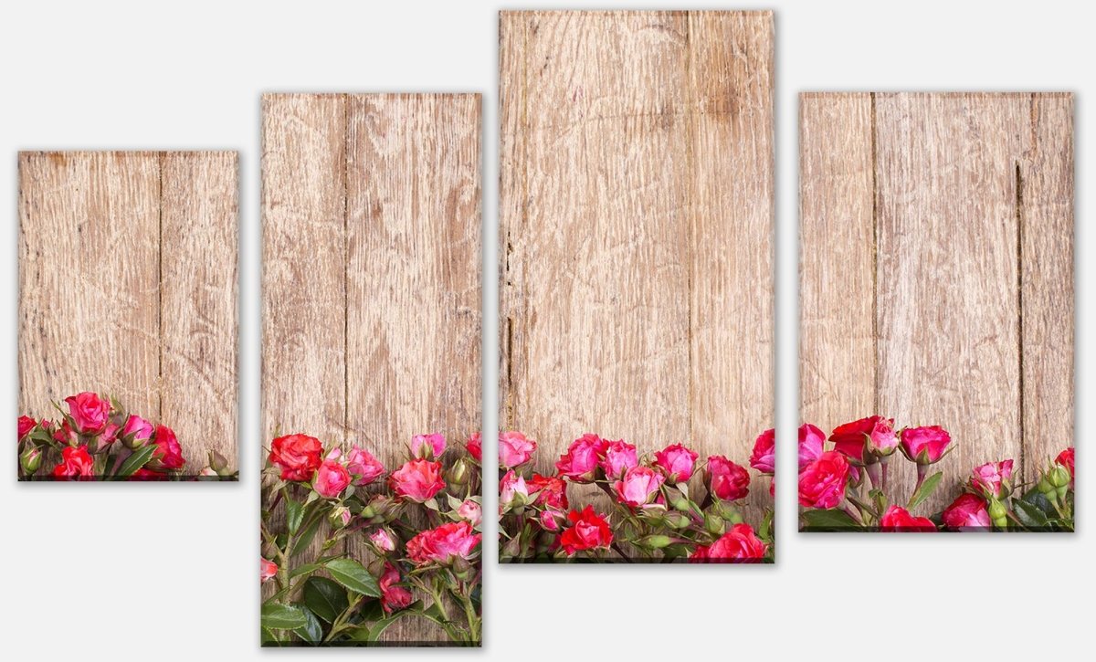 Leinwandbild Mehrteiler Rote Rosen auf Holzbrett M1025 Leinwandbild Mehrteiler Rote Rosen auf Holzbrett M1025