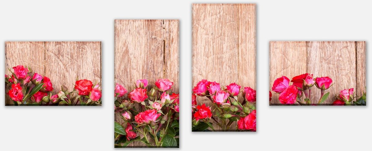 Leinwandbild Mehrteiler Rote Rosen auf Holzbrett M1025 Leinwandbild Mehrteiler Rote Rosen auf Holzbrett M1025