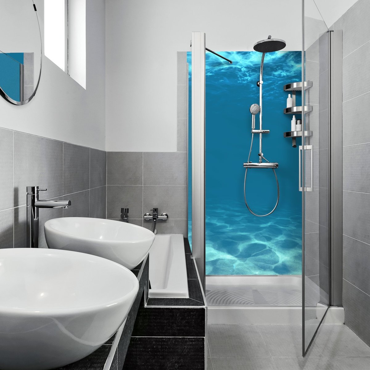 Duschwand Hellblau unter Wasser M1053 entdecken - Bild 1 Duschwand Hellblau unter Wasser M1053 entdecken - Bild 1