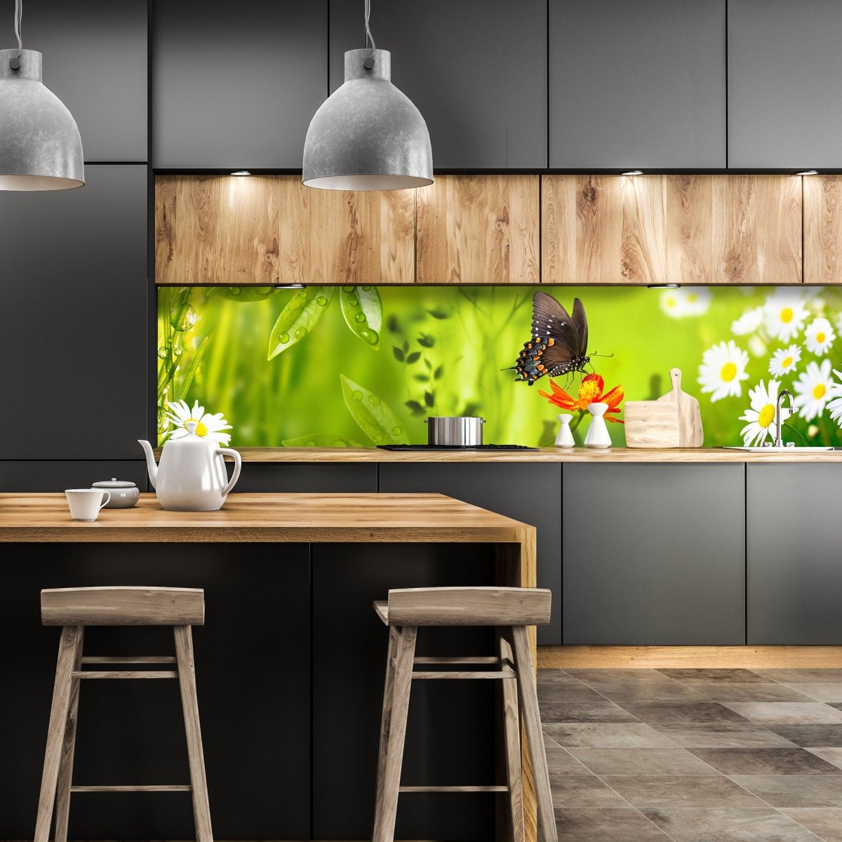 Küchenrückwand Schmetterling Marienkäfer Grün Gänseblüm M1080 entdecken - Bild 1