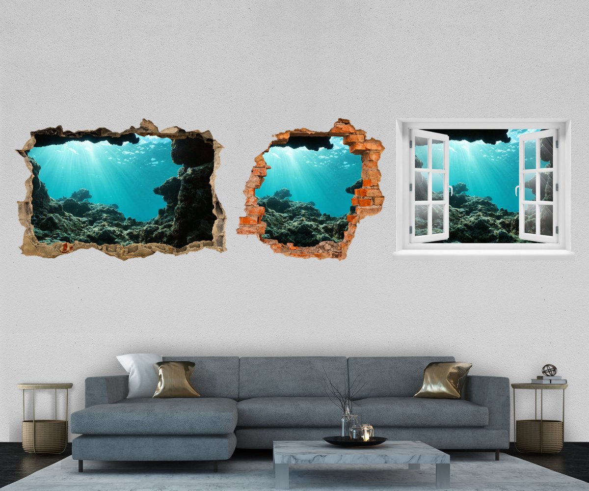 3D-Wandtattoo Unterwasser-bild aus Höhle, Sonne, Meer entdecken - Wandsticker M1081 - Bild 1