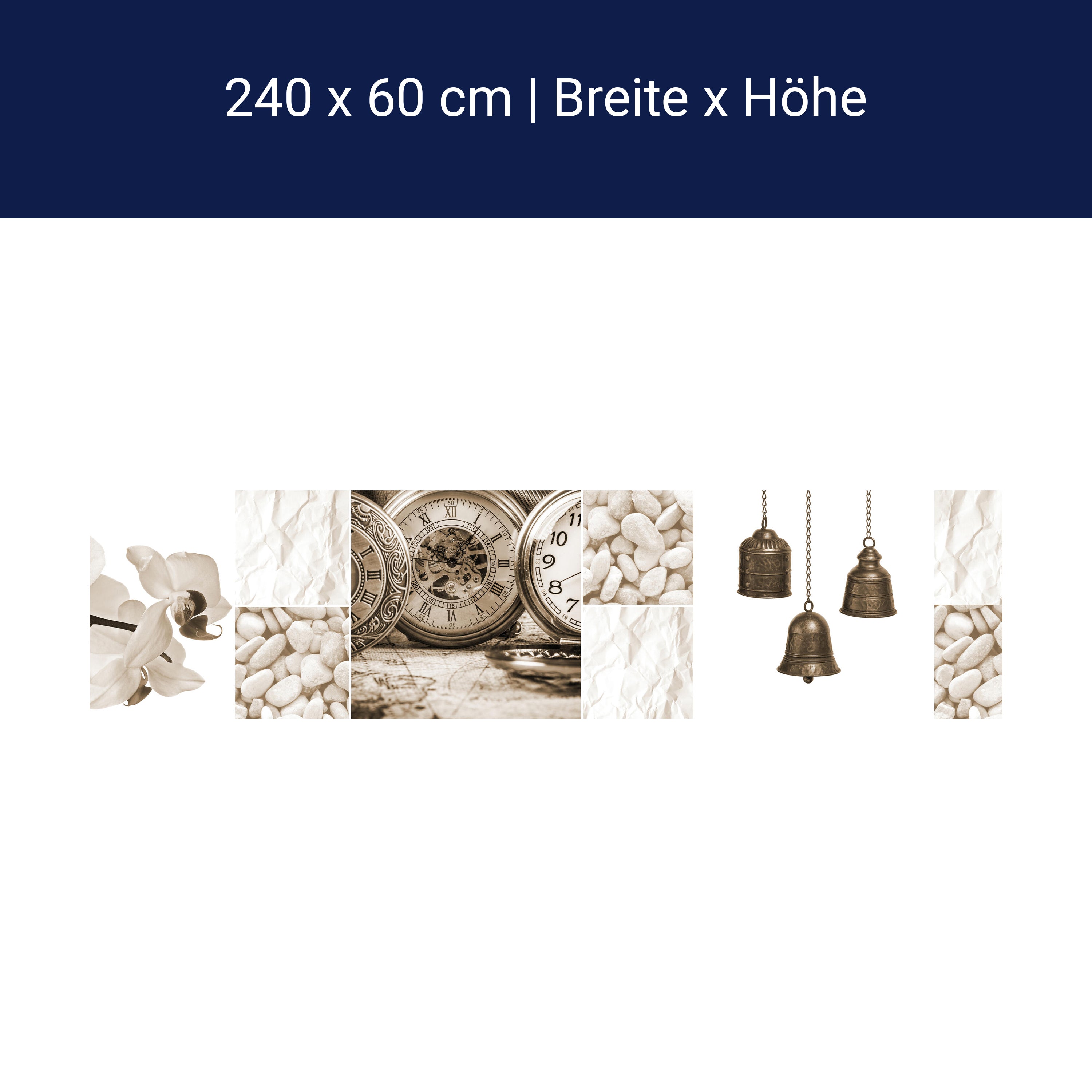 Küchenrückwand Uhren Glocken Steine Blüte Sepia Blumen M1175