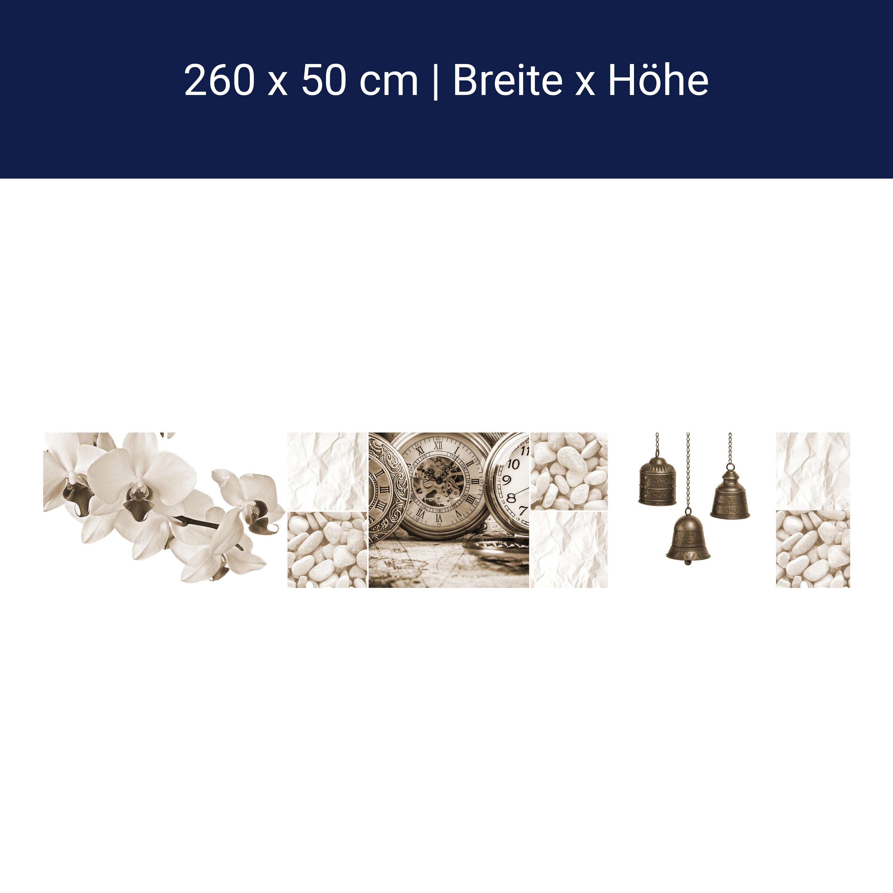 Küchenrückwand Uhren Glocken Steine Blüte Sepia Blumen M1175