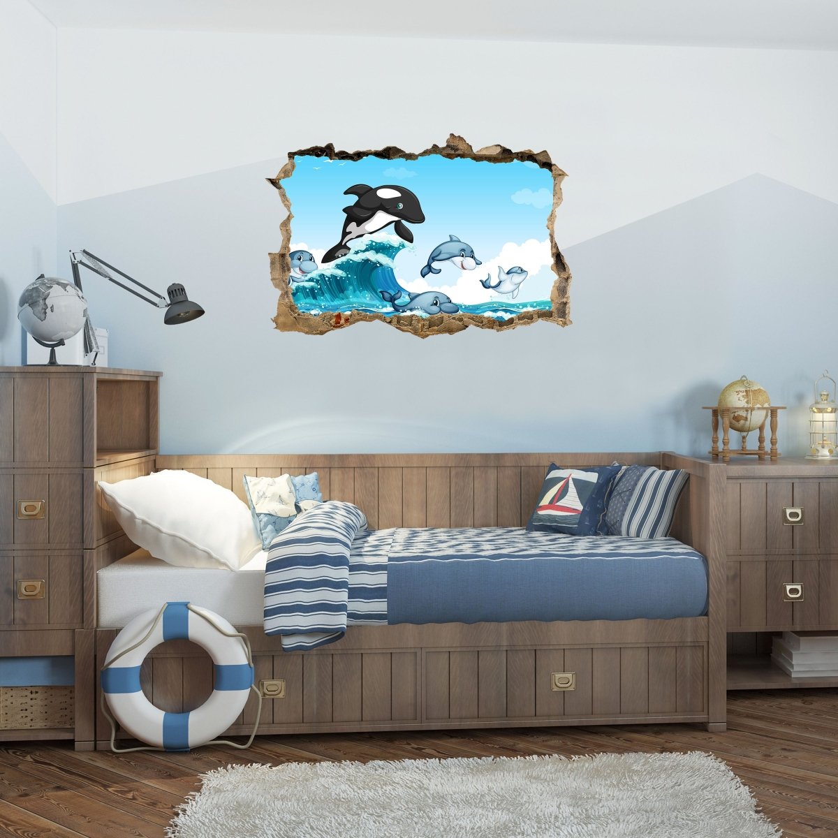 3D-Wandsticker Delfine & Wal im Meer, Welle, Kinder - Wandtattoo M1201