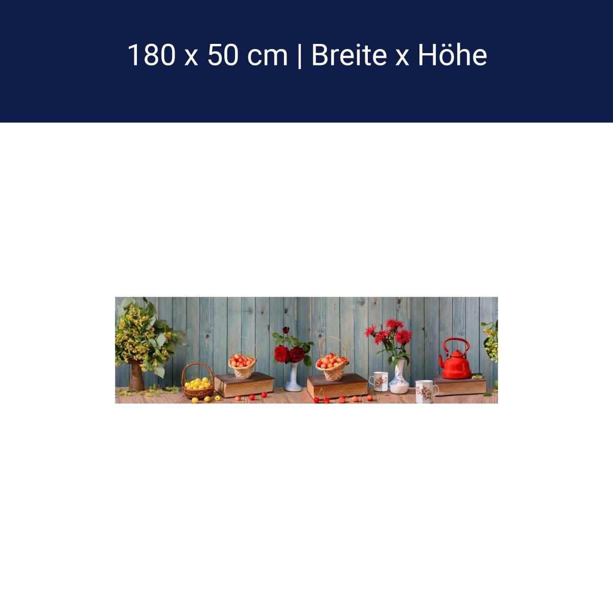 Küchenrückwand Rosen Holz Kanne Kirschen Blüten Gelb M1204 Küchenrückwand Rosen Holz Kanne Kirschen Blüten Gelb M1204