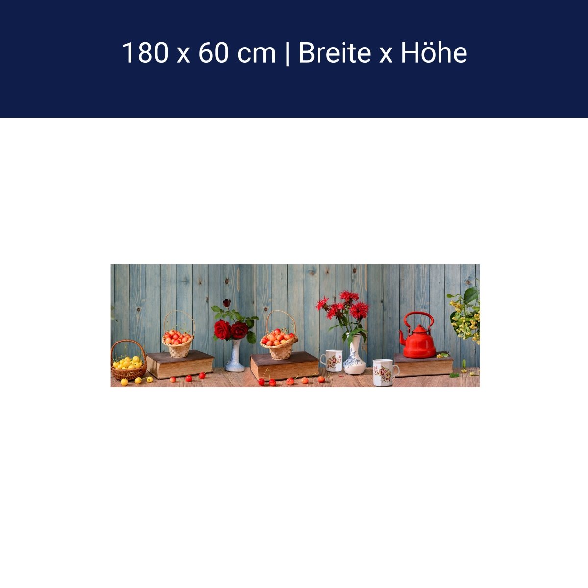 Küchenrückwand Rosen Holz Kanne Kirschen Blüten Gelb M1204 Küchenrückwand Rosen Holz Kanne Kirschen Blüten Gelb M1204