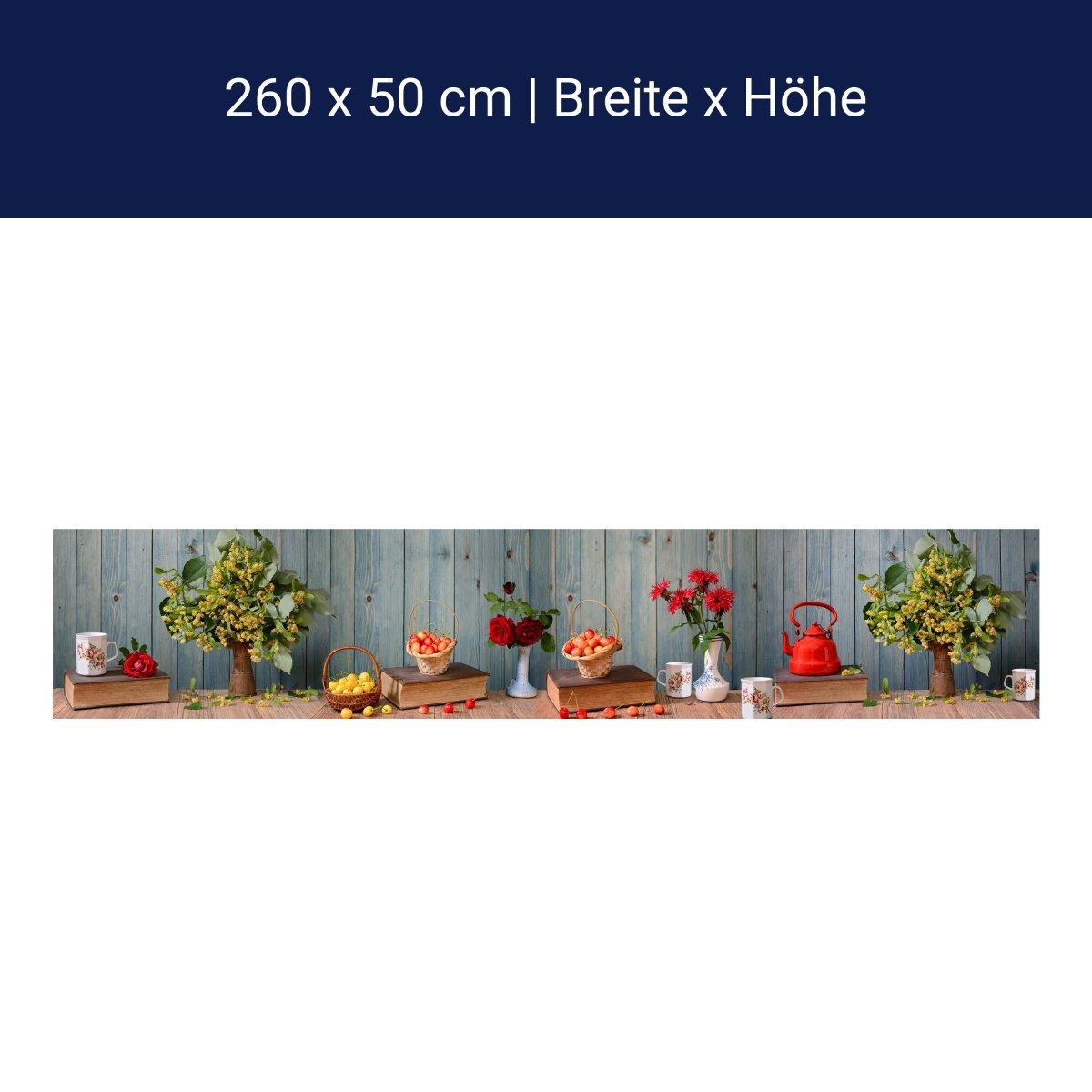 Küchenrückwand Rosen Holz Kanne Kirschen Blüten Gelb M1204 Küchenrückwand Rosen Holz Kanne Kirschen Blüten Gelb M1204