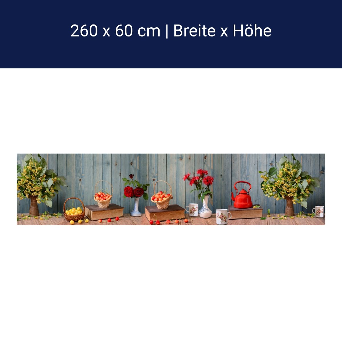 Küchenrückwand Rosen Holz Kanne Kirschen Blüten Gelb M1204 Küchenrückwand Rosen Holz Kanne Kirschen Blüten Gelb M1204
