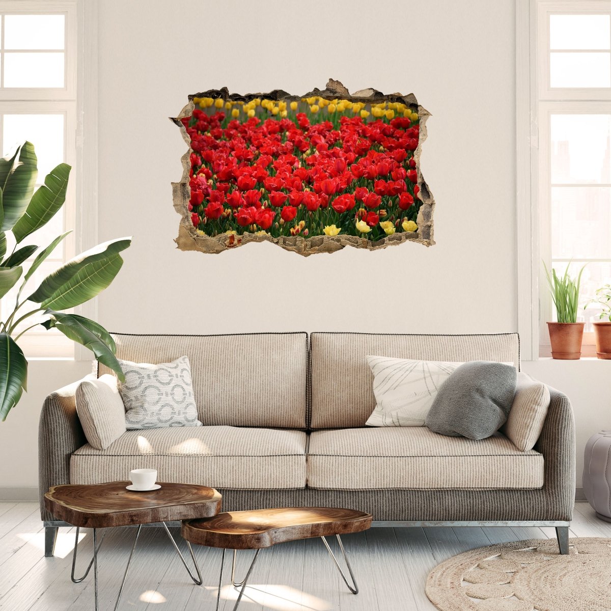 3D-Wandsticker Tulpen Feld, Rot, Gelb, Blumen, Blüten - Wandtattoo M1246