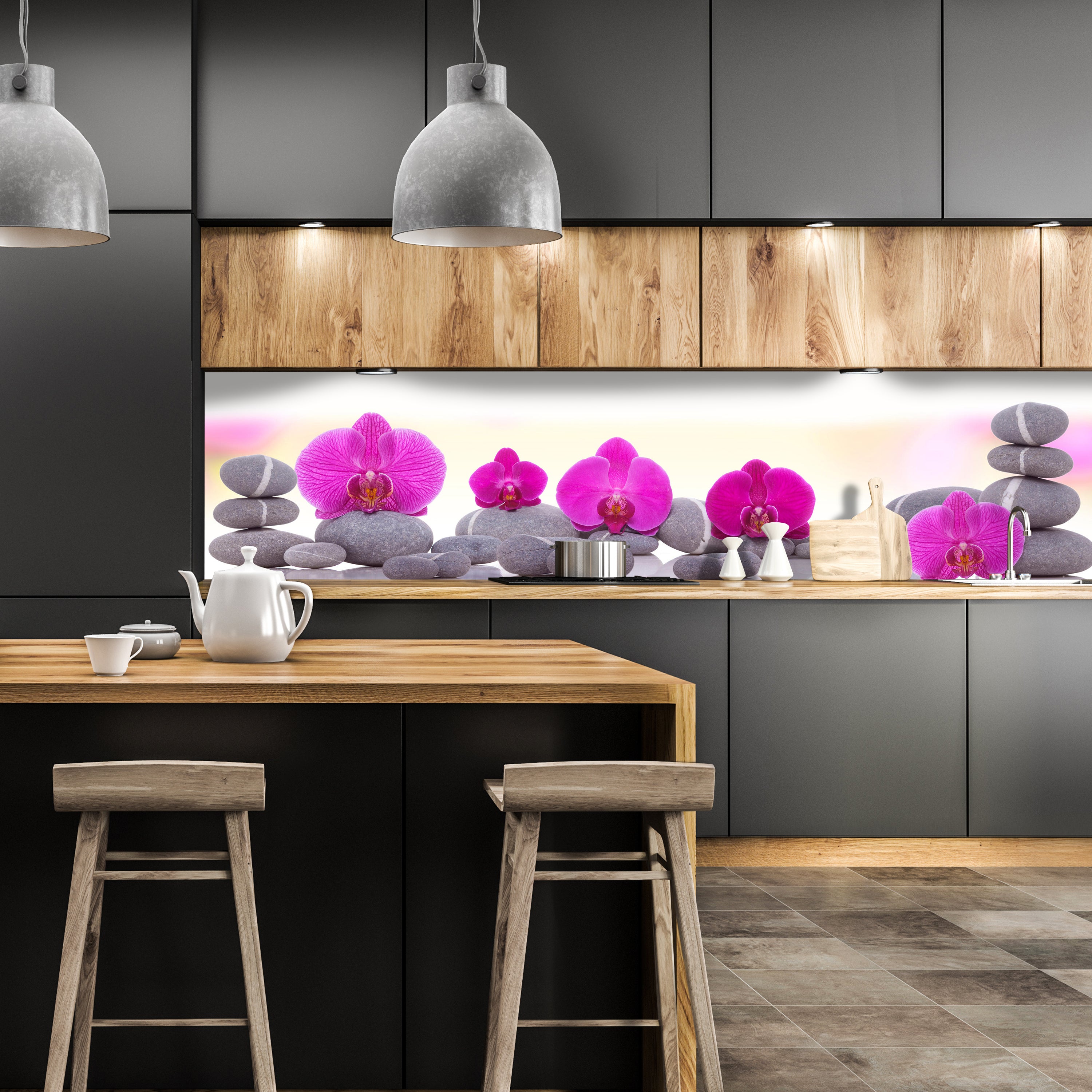 Küchenrückwand Orchidee Steine Blätter rosa M1285 entdecken - Bild 1 Küchenrückwand Orchidee Steine Blätter rosa M1285 entdecken - Bild 1