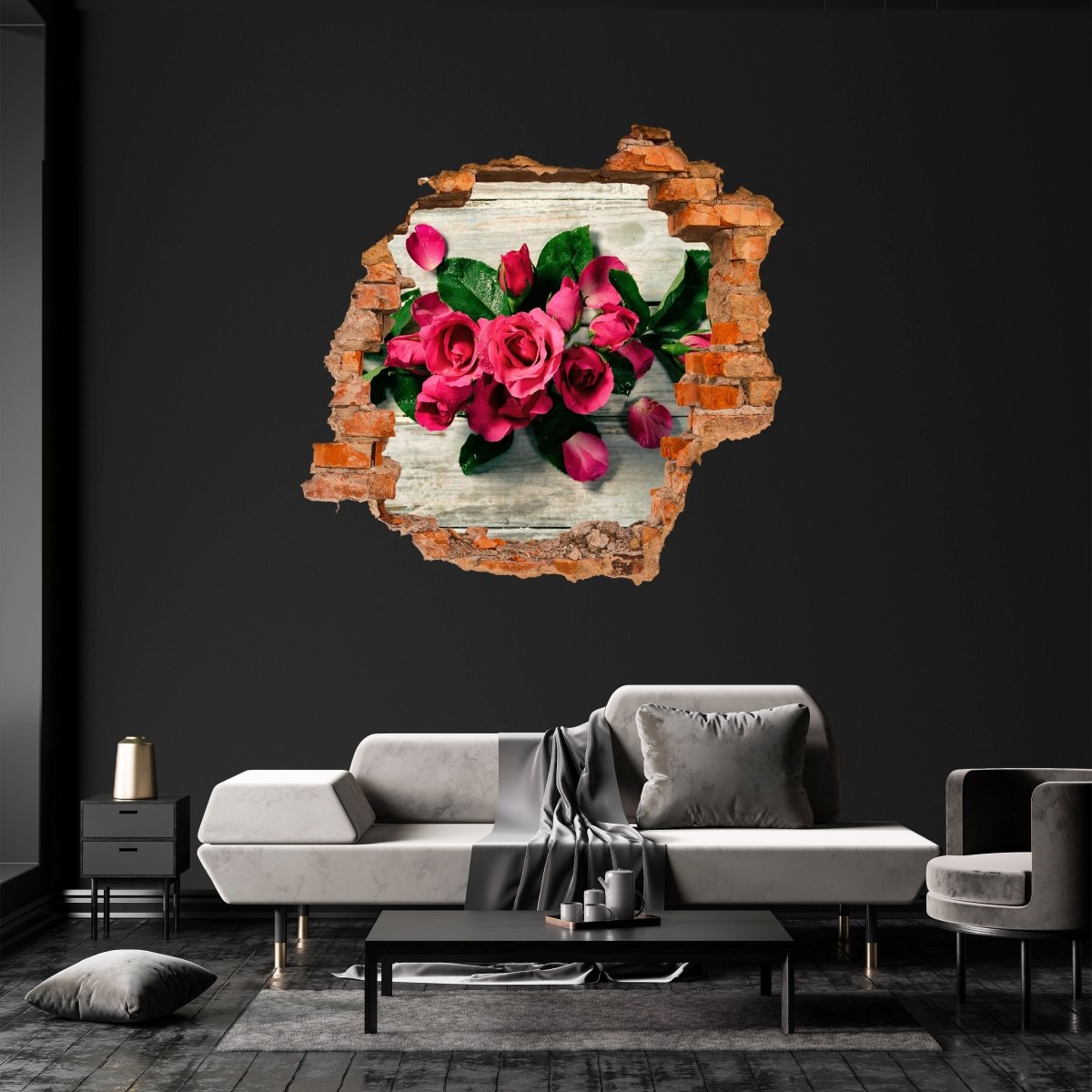 3D-Wandsticker Rosen auf Tisch, Rote Rose, Blume, Grün - Wandtattoo M1297