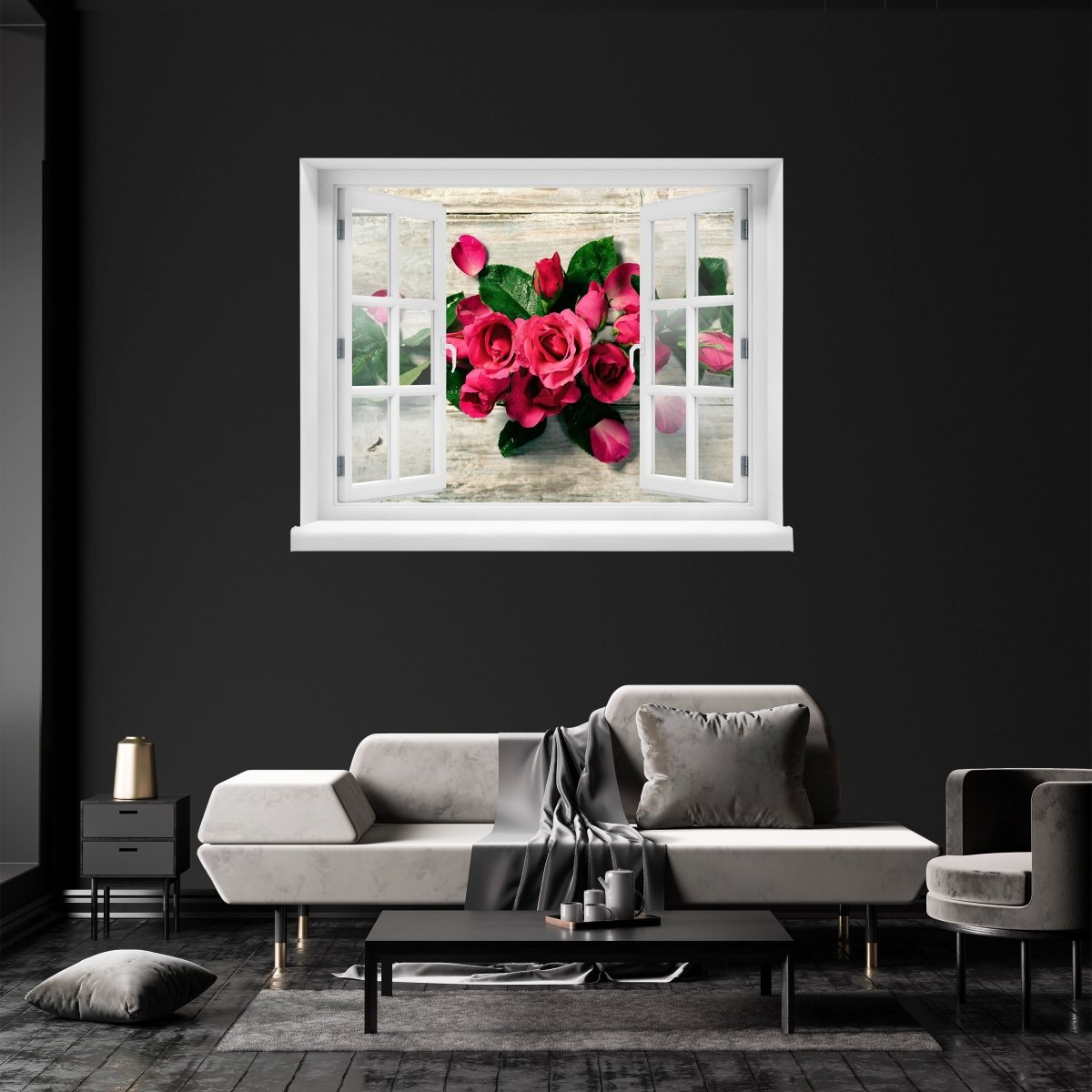 3D-Wandsticker Rosen auf Tisch, Rote Rose, Blume, Grün - Wandtattoo M1297