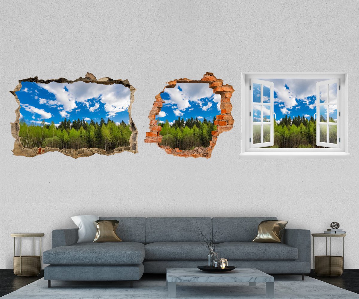3D-Wandtattoo Blick in den Wald, Himmel, Wolken, Bäume entdecken - Wandsticker M1305 - Bild 1