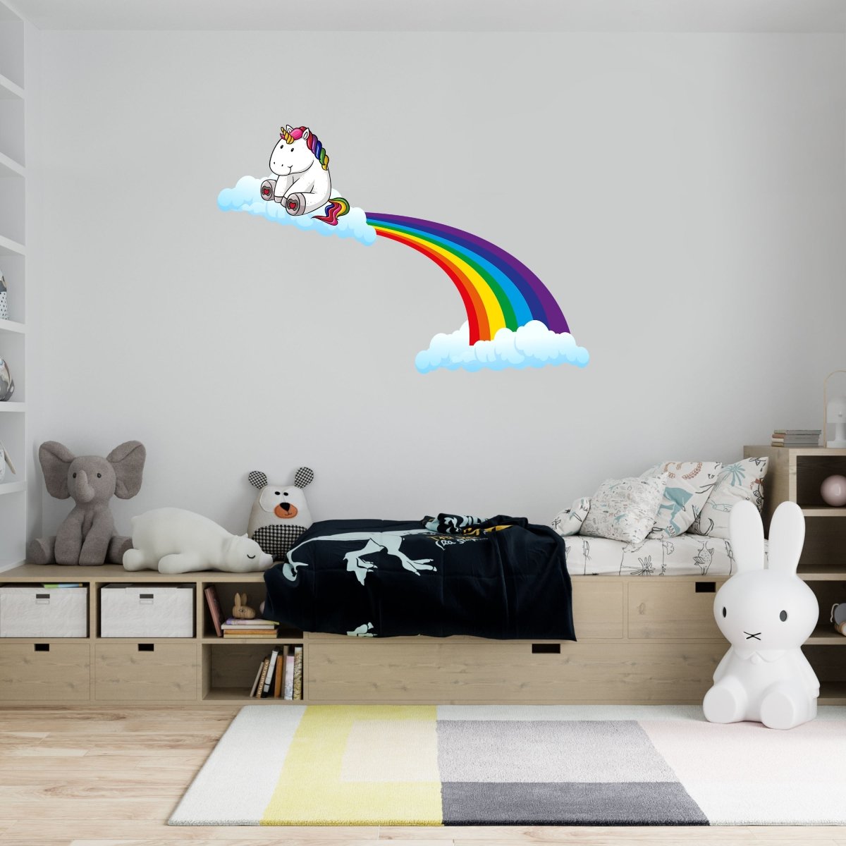 Wandsticker Einhorn schwebt auf Regenbogen, Wolken WS00000132 - Bild 1