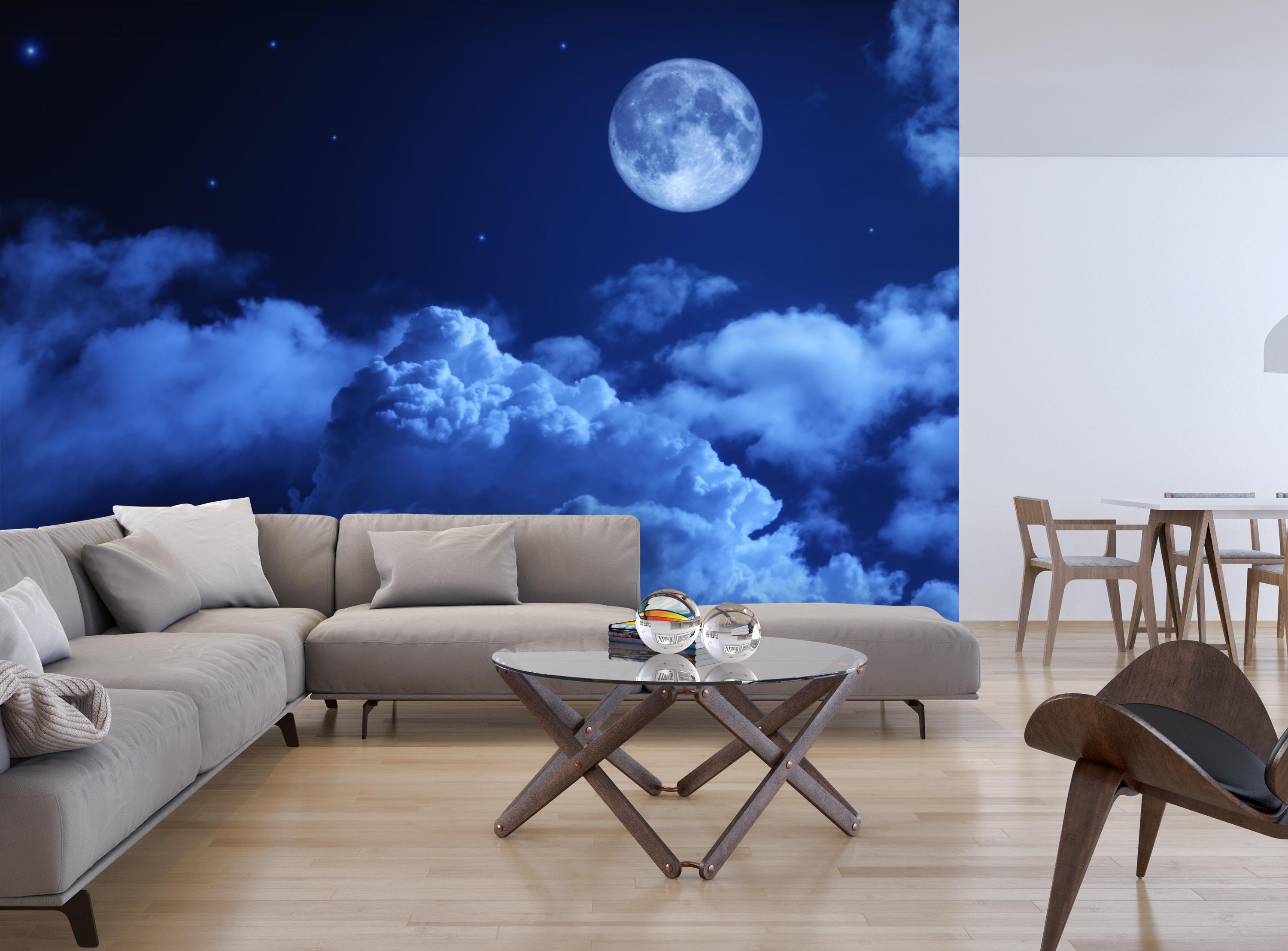Fototapete Nacht Mond Himmel Sternen Wolken Blau M4836