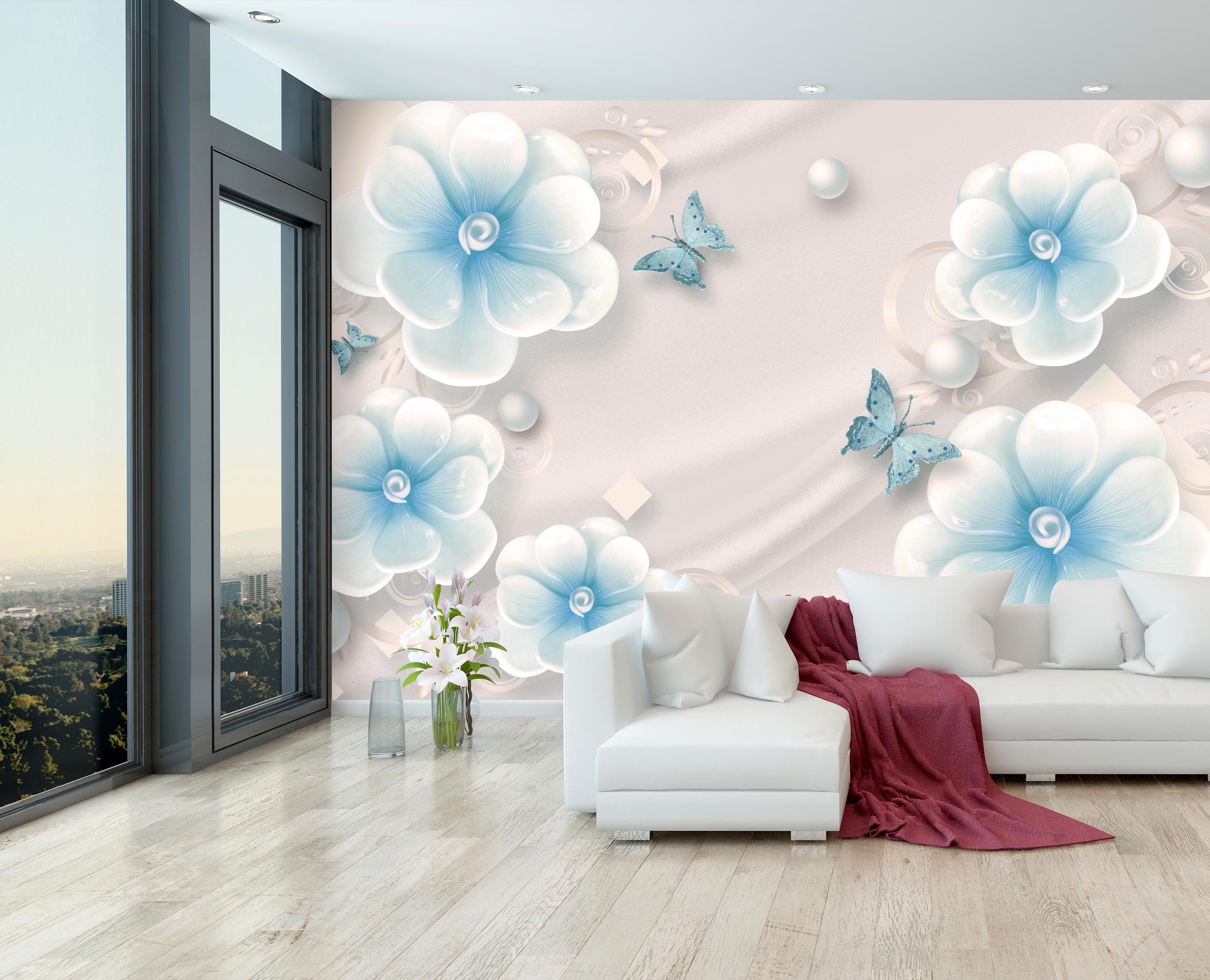 Wall Mural Discover Blue Flowers Butterflies Silk Beads M5233