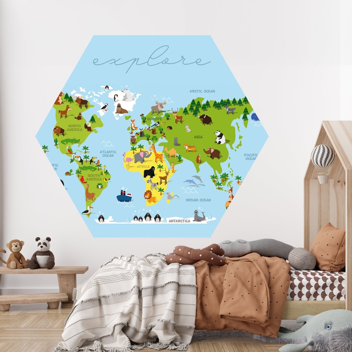 Hexagon-Fototapete Weltkarte mit Tieren M0011 - Bild 2