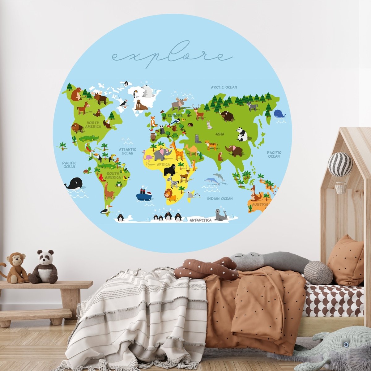 Runde Fototapete Weltkarte mit Tieren M0011 - Bild 2