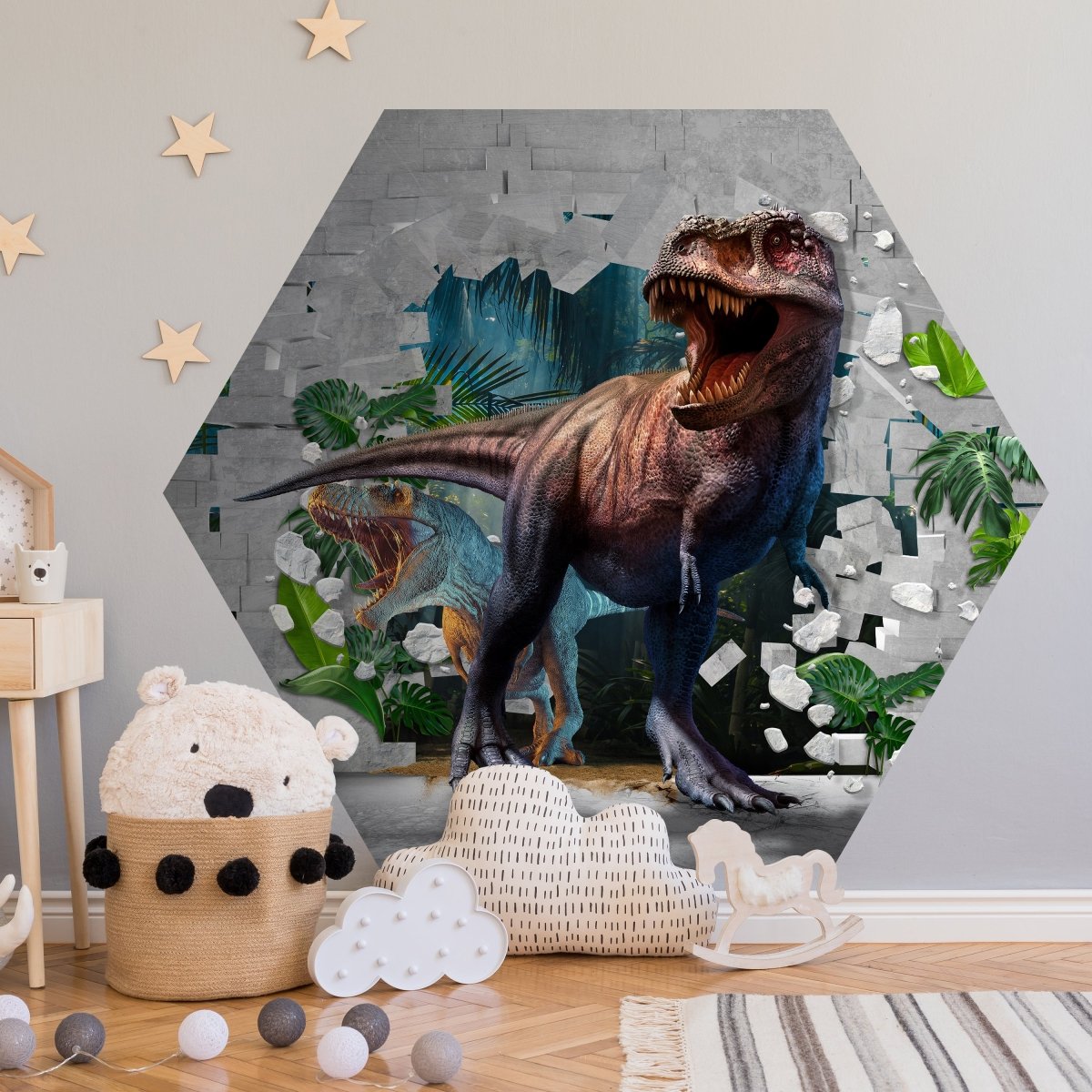 Hexagon-Fototapete Wanddurchbruch mit Dinosauriern M0038 - Bild 1