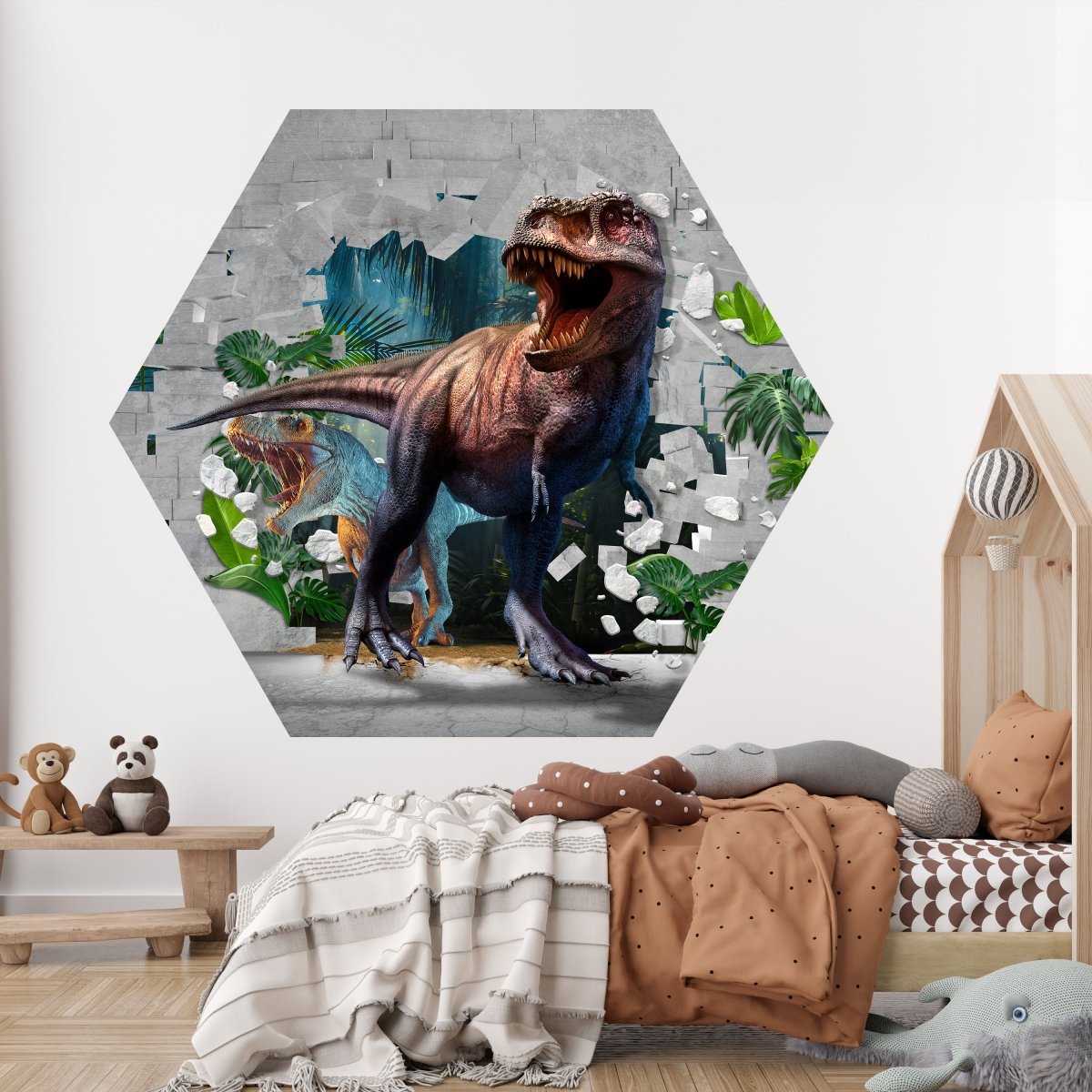 Hexagon-Fototapete Wanddurchbruch mit Dinosauriern M0038 - Bild 2