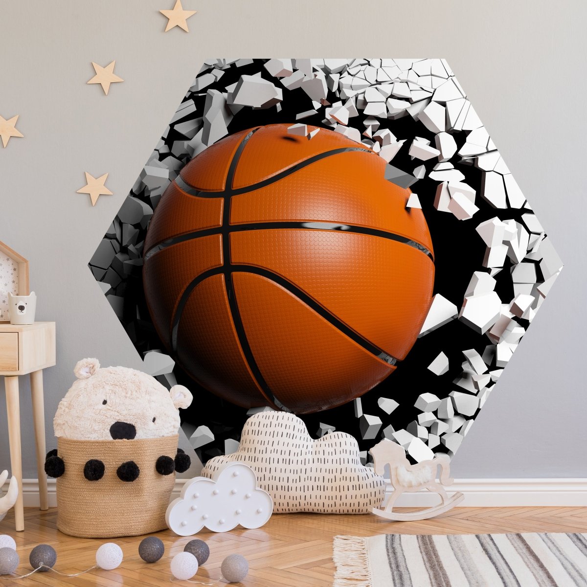 Hexagon-Fototapete Wanddurchbruch mit Basketball M0040 - Bild 1