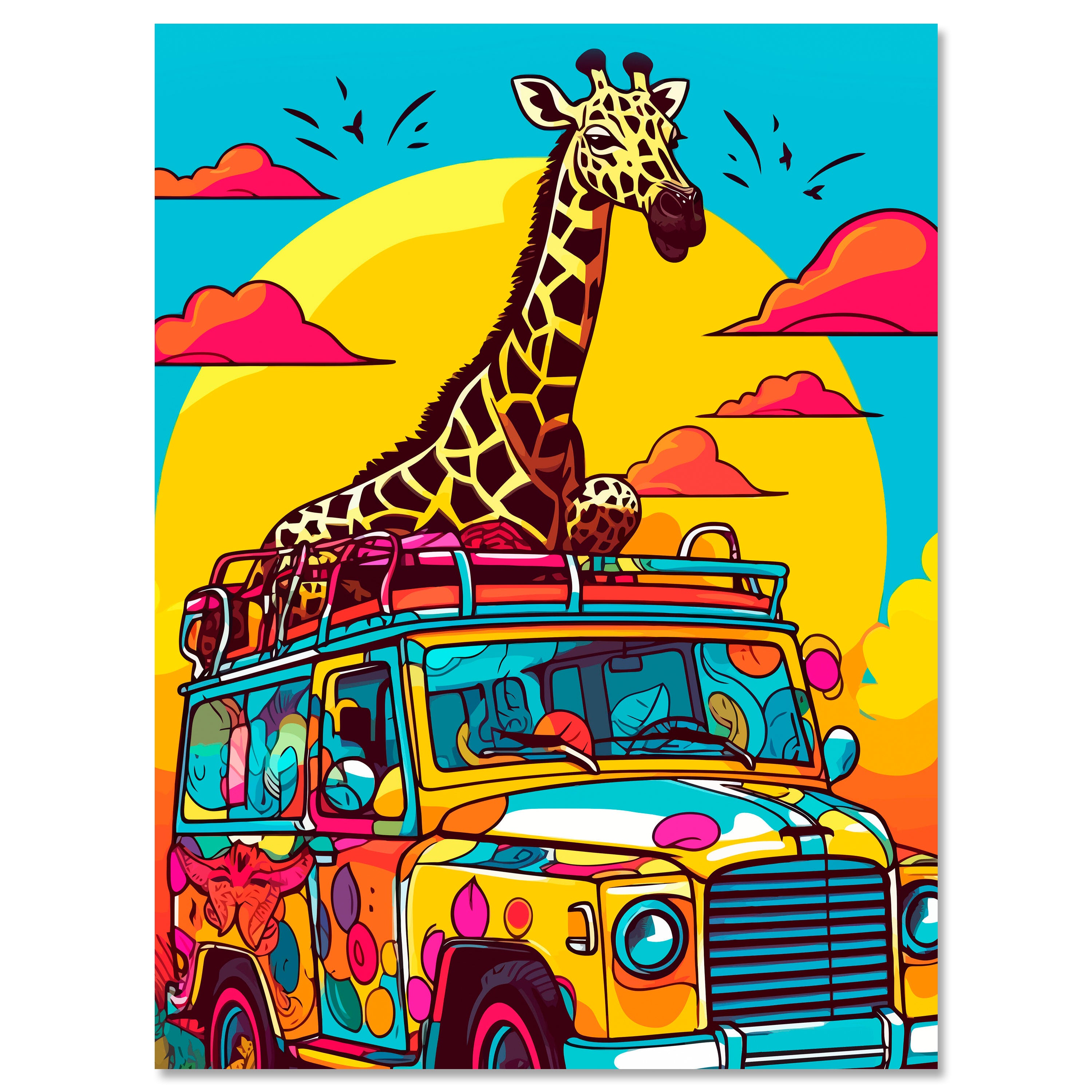 Leinwandbild Digital Art, Giraffe, Jeep, Safari, Hochformat M0789 kaufen - Bild 1
