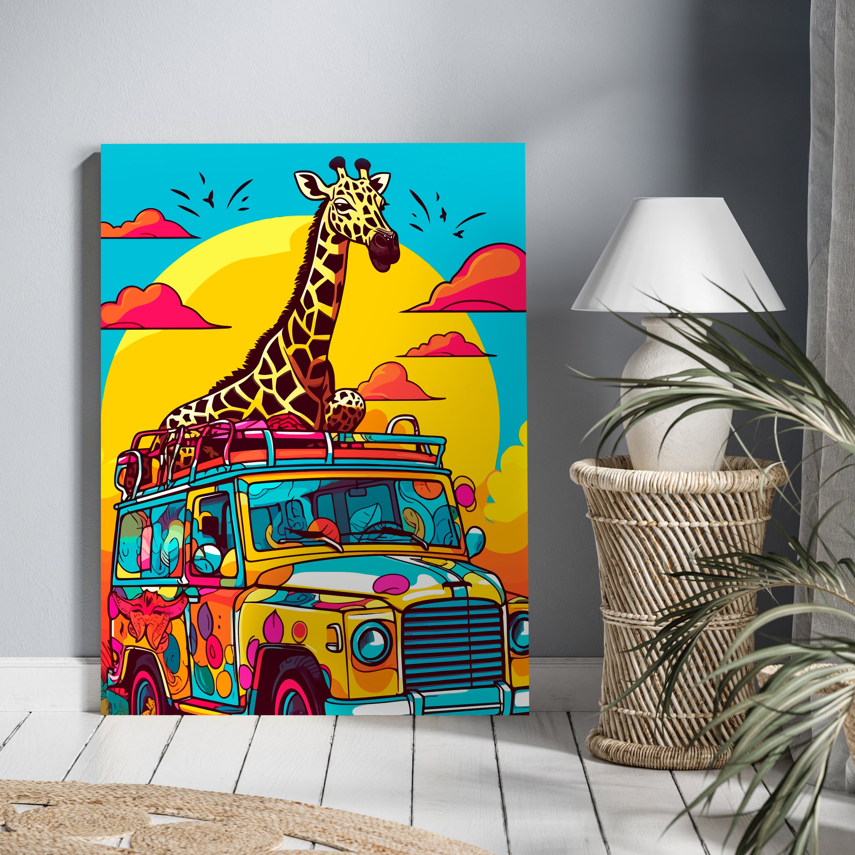 Leinwandbild Digital Art, Giraffe, Jeep, Safari, Hochformat M0789 kaufen - Bild 2