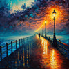 Door wallpaper footbridge, lanterns, night, painting M1483