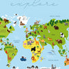 Square photo wallpaper world map with animals M0011