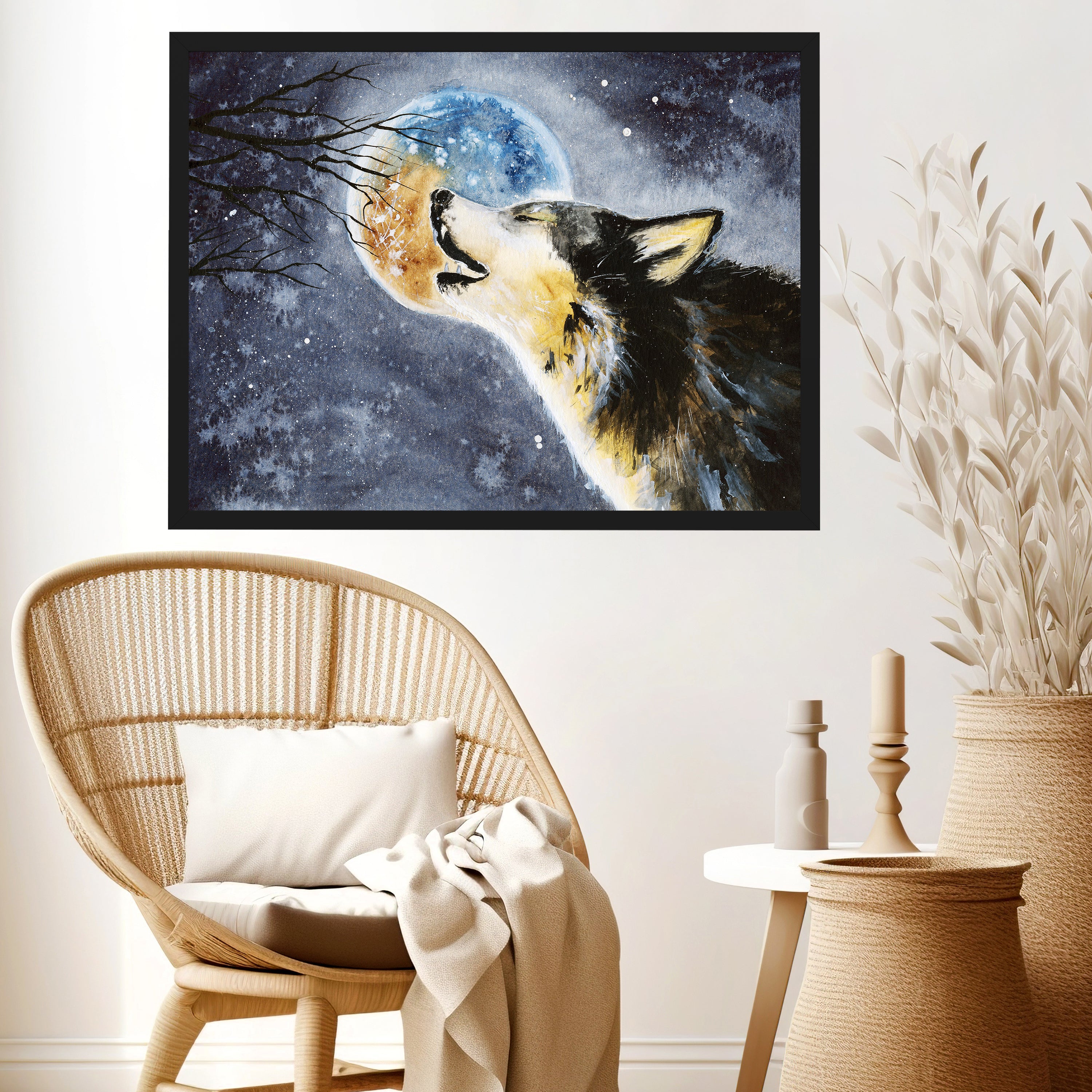Poster heulender Wolf, Gemälde, Mond, Mitternacht M0081