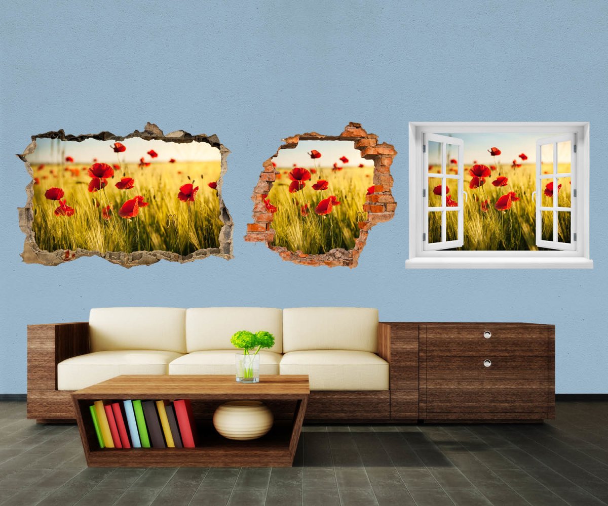 3D-Wandtattoo Kornfeld mit Mohnblumen entdecken - Wandsticker M0398 - Bild 1