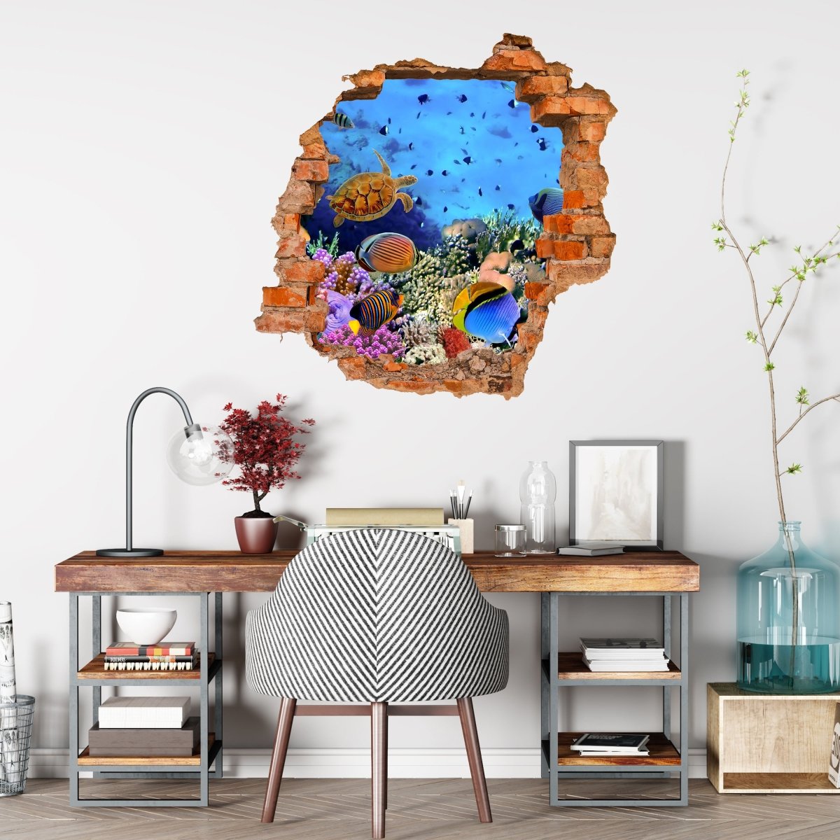 Sticker mural 3D récif corallien avec poisson - Wall Decal M0480