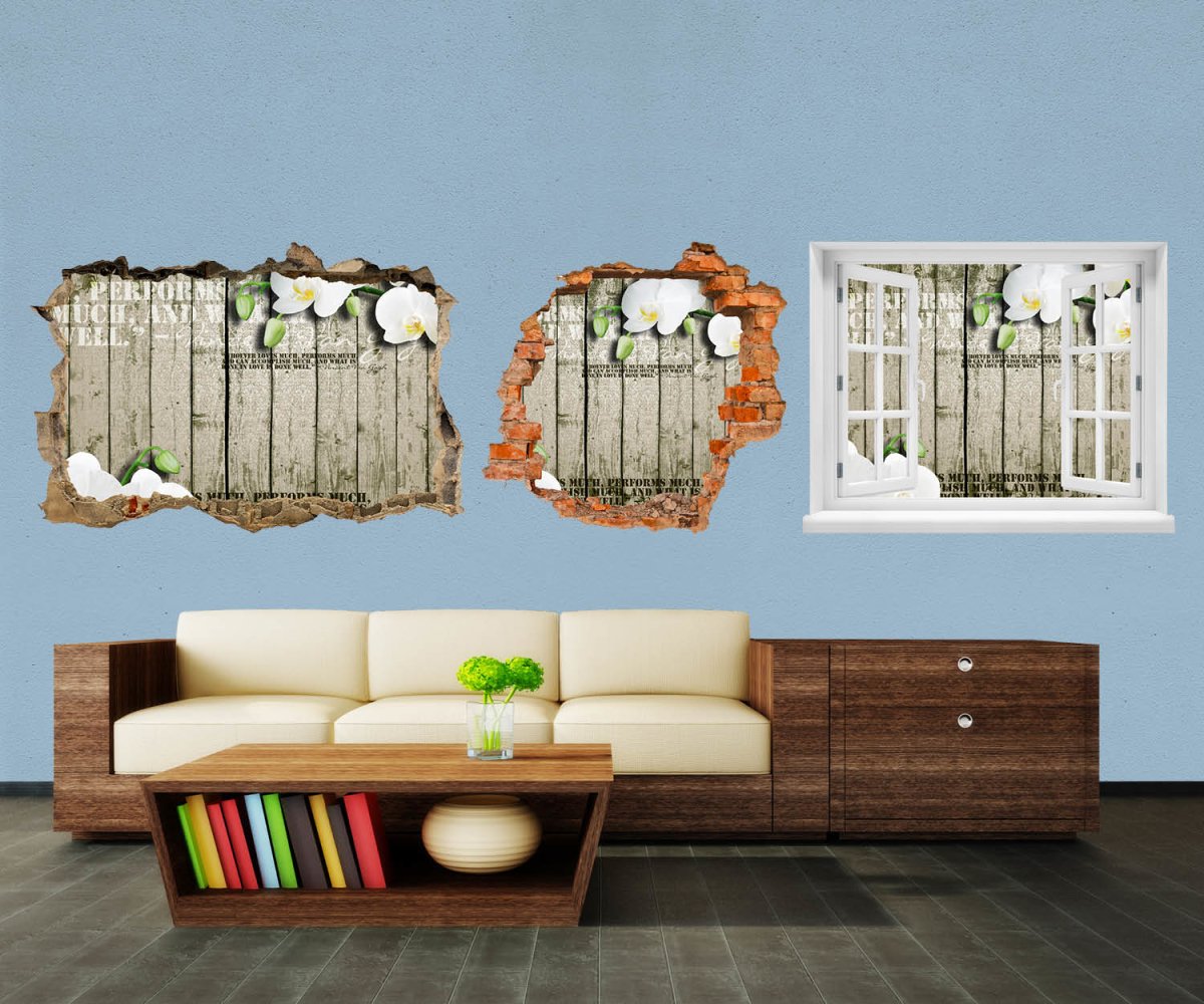 3D-Wandtattoo Holz Zaun weiße Orchidee entdecken - Wandsticker M0539 - Bild 1