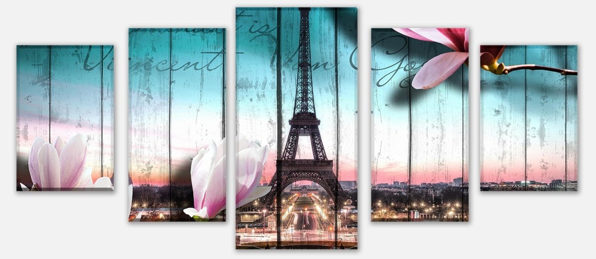 Leinwandbild Mehrteiler Holz Blüten Paris Eiffelturm M0543 entdecken - Bild 1