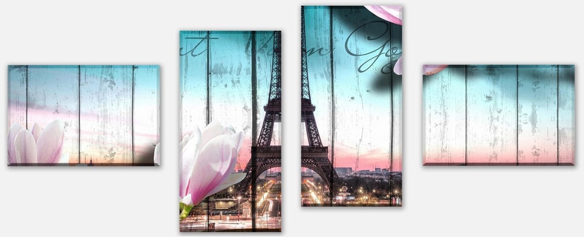 Leinwandbild Mehrteiler Holz Blüten Paris Eiffelturm M0543